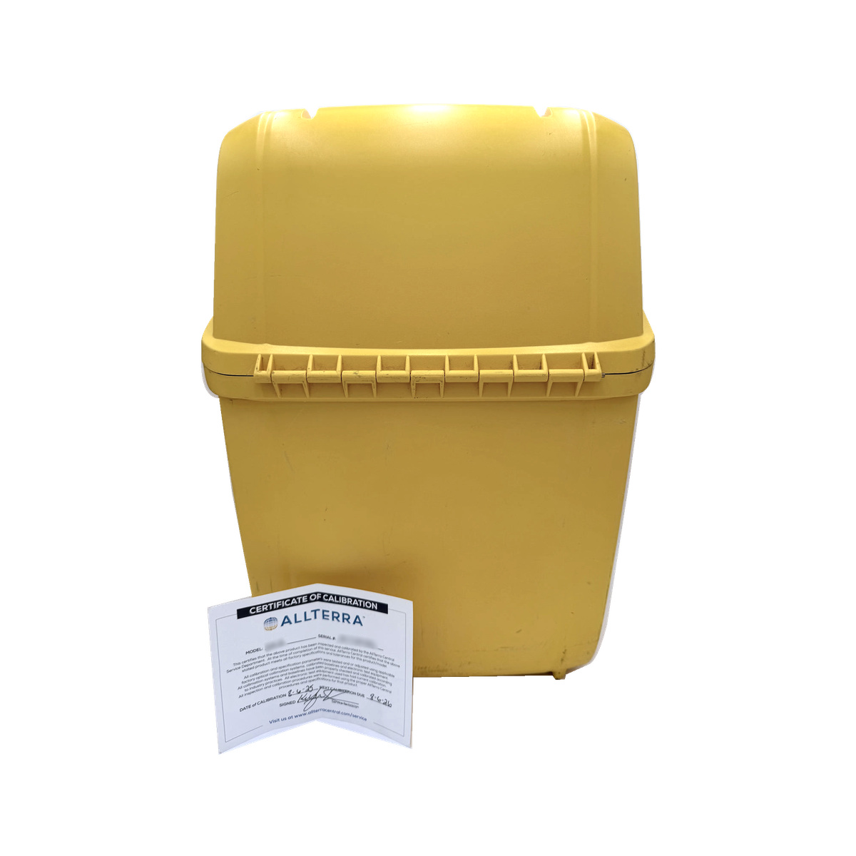 Trimble rugged transport case with calibration certificate; model and serial number obscured