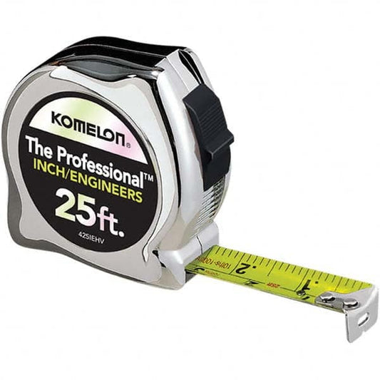 Komelon Tape Measure: 25' Long, 1" Width, High-Visibility Yellow & White Blade with Chrome Case