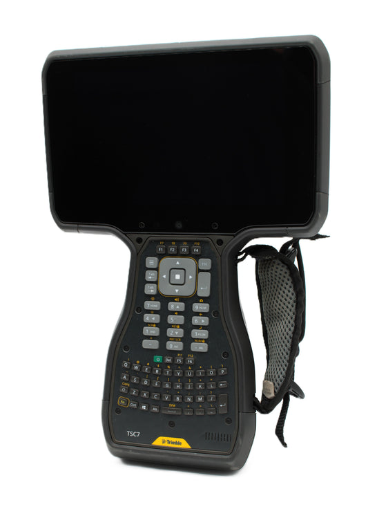 Trimble TSC7 V2 data collector with 7-inch touchscreen, full QWERTY keypad, and hand strap – front view