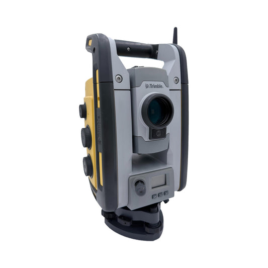Used Trimble RTS673 robotic total station, front three-quarter view showing telescope and control panel