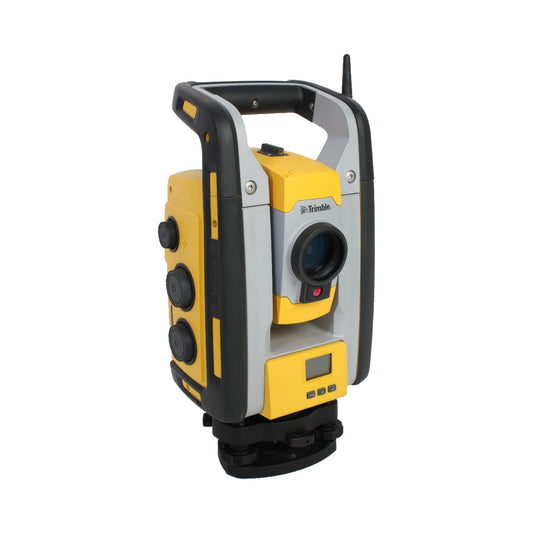 Used Trimble RTS773 robotic total station, front three-quarter view showing telescope and adjustment controls
