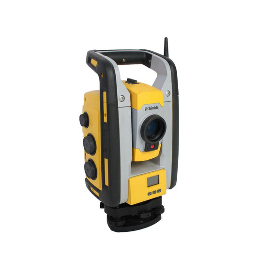 Used Trimble RTS773 robotic total station, front three-quarter view showing telescope and adjustment controls
