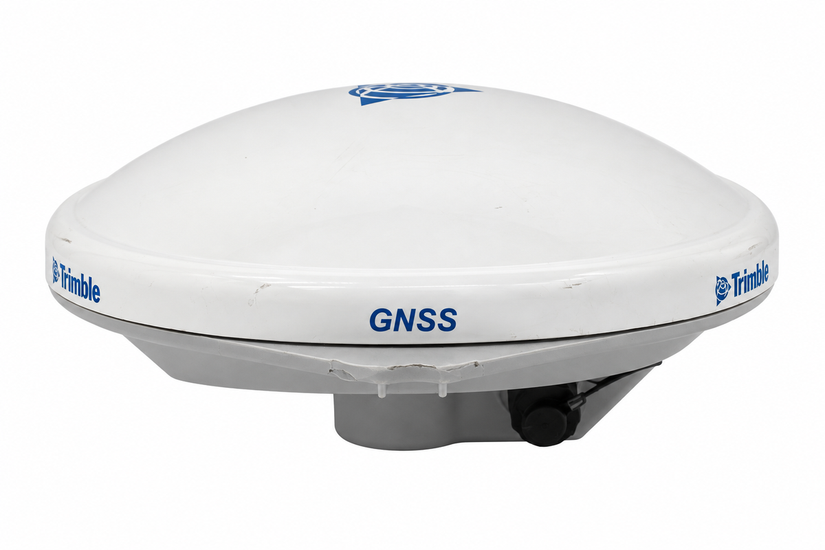 Used Trimble Zephyr Model 2 Rover GNSS antenna, front and side view showing housing and connector cap