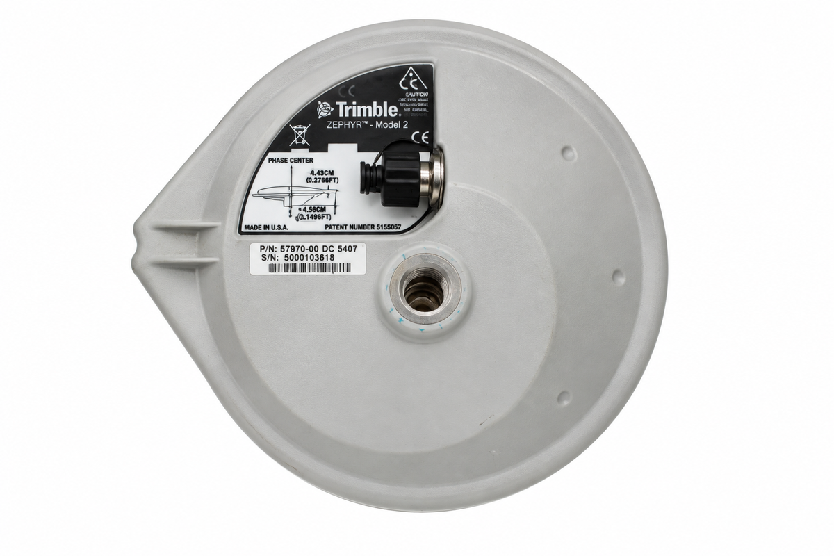 Used Trimble Zephyr Model 2 Rover GNSS antenna, underside showing mounting threads, antenna connector, and identification label