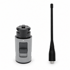 Trimble R12 quick-release adapter and UHF radio antenna on a white background