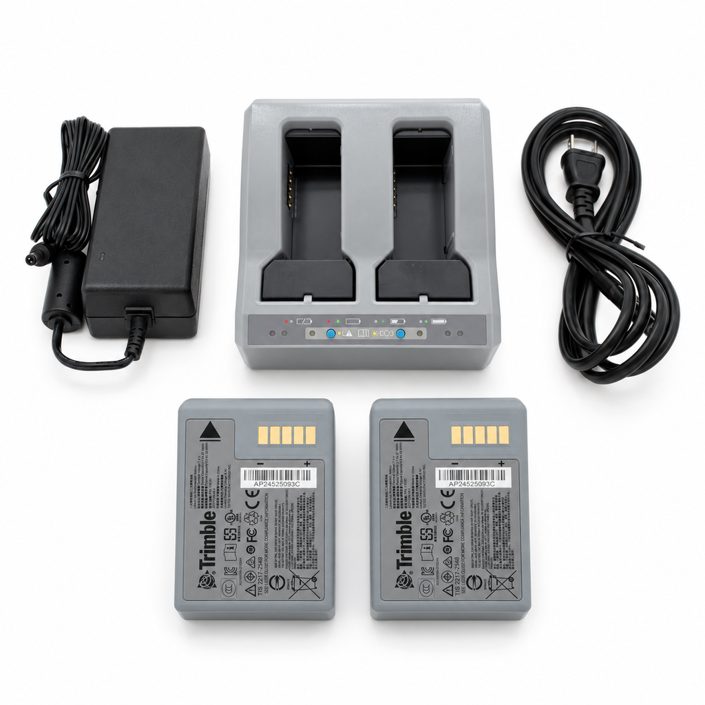 Trimble R12 dual battery charger with two rechargeable batteries, battery-slot inserts, power supply and power cord