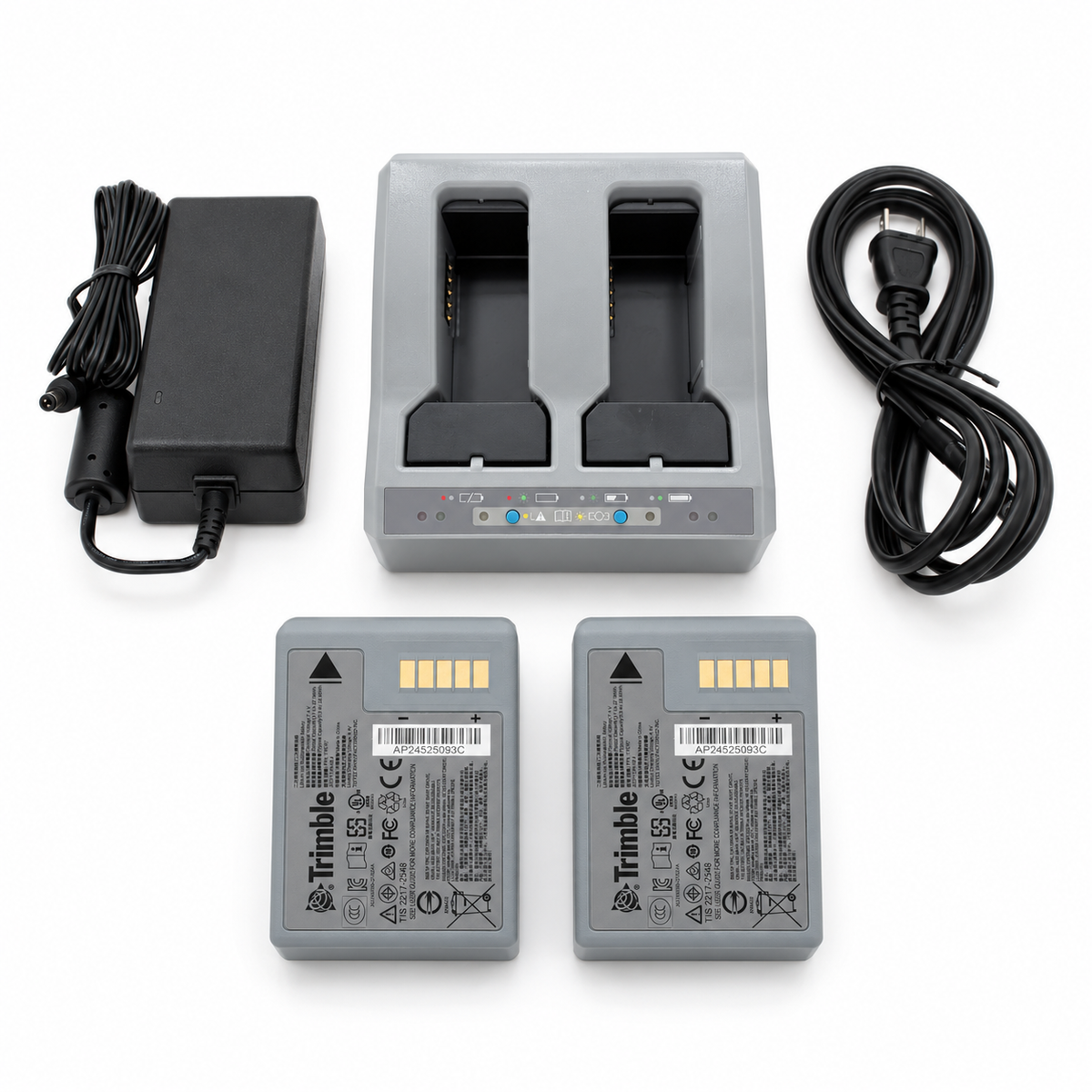 Trimble R12 dual battery charger with two rechargeable batteries, battery-slot inserts, power supply and power cord