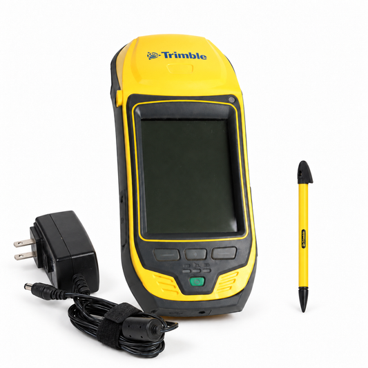Used Trimble Geo 7X Centimeter handheld with stylus and charger on a white background