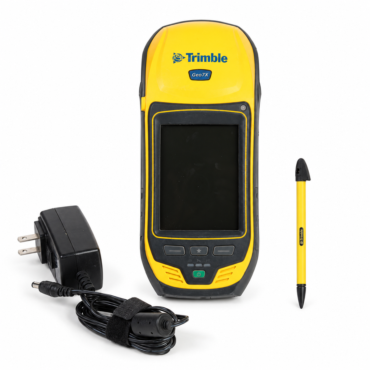 Used Trimble Geo 7X handheld with stylus and charger on a white background