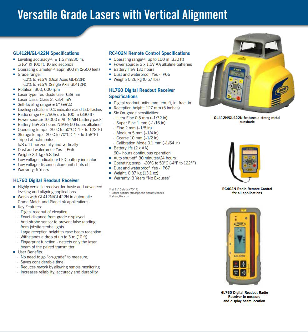 Spectra Precision GL412N Single Slope Laser w/ HL760 Receiver, Remote