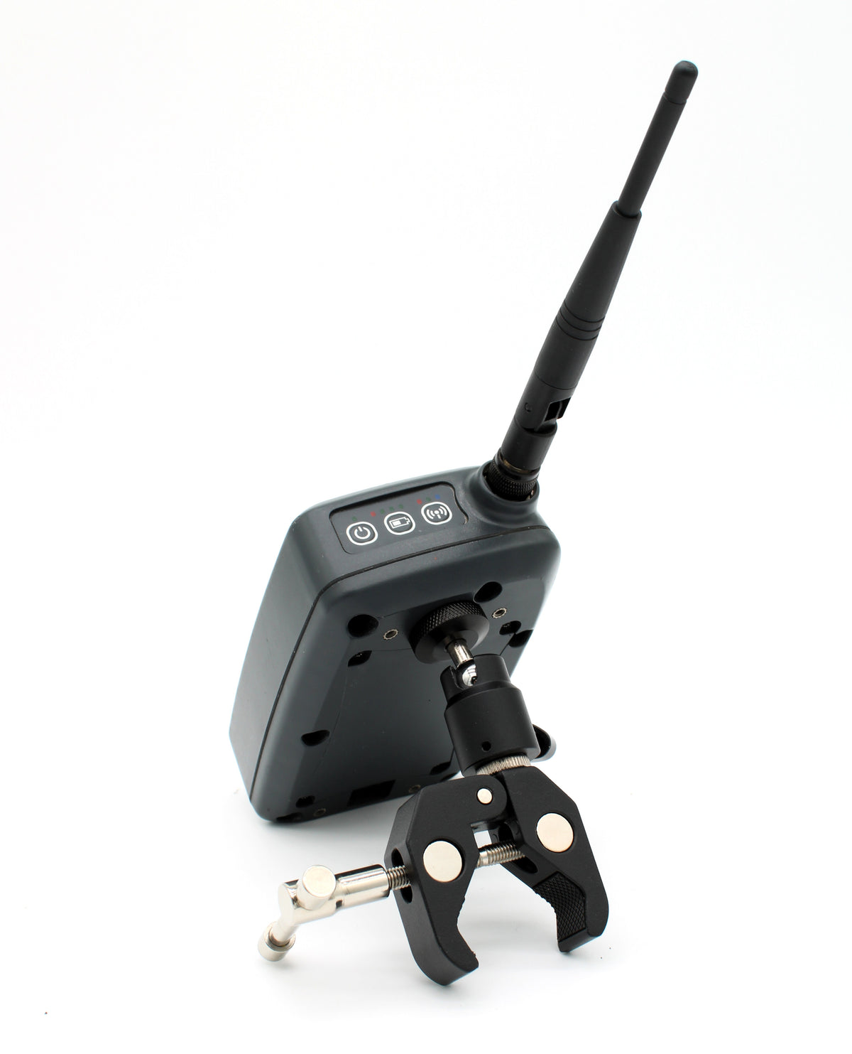 Trimble TDL2.4 data link radio rear view mounted on pole bracket with antenna
