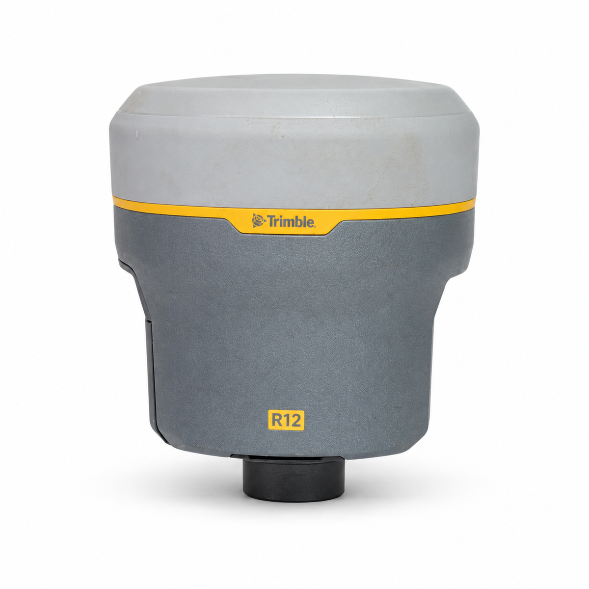 Front view of used Trimble R12 GNSS receiver on a white background