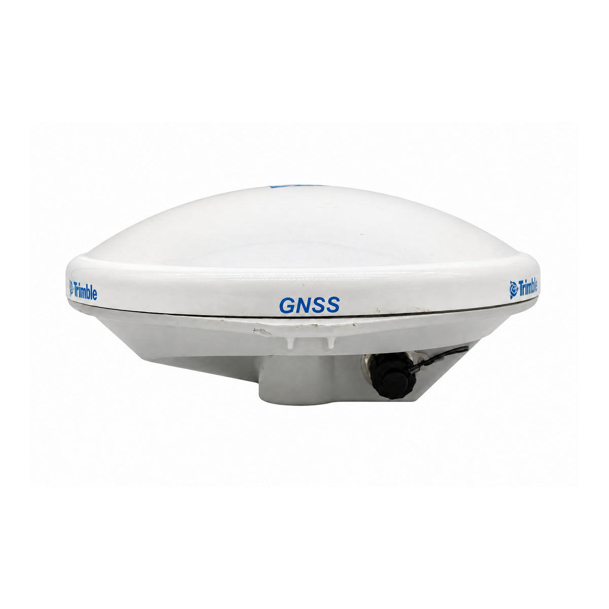 Used Trimble Zephyr Model 3 Rover GNSS antenna, side view showing the dome, branding and connector cap.