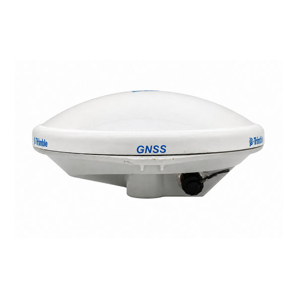 Used Trimble Zephyr Model 3 Rover GNSS antenna, side view showing the dome, branding and connector cap.